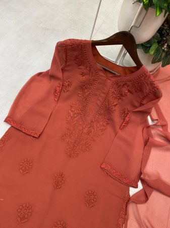 Brown Embroidered Faux Georgette Palazzo Suit with Dupatta for Women
