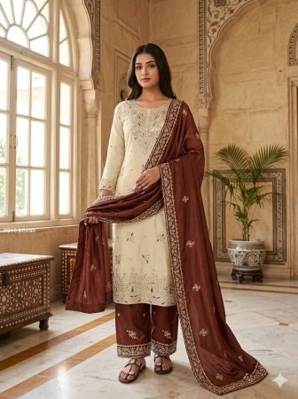 Brown Embroidered Palazzo Suit Set