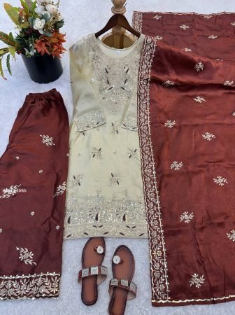 Brown Embroidered Palazzo Suit Set