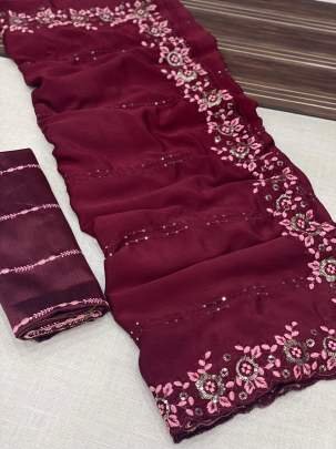 Brown Festival Wear Multi Work Chinon Saree With Beautiful Blouse