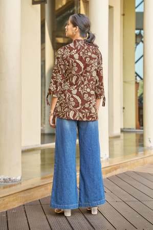 Brown Office Wear Floral Printed Rayon Top