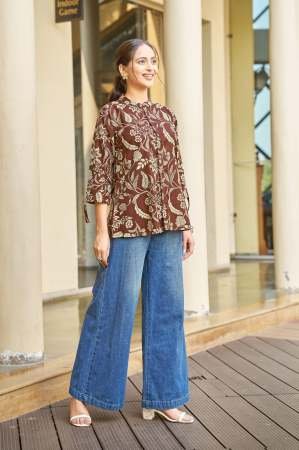 Brown Office Wear Floral Printed Rayon Top