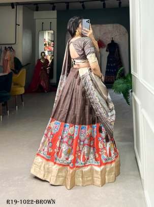 Brown Kalamkari Printed Dola Silk Lehenga Choli