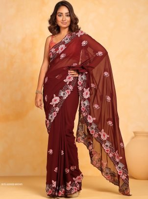 Brown Party Wear Anniee Embroidery Work Georgette Saree