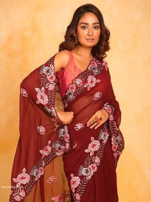 Brown Party Wear Anniee Embroidery Work Georgette Saree