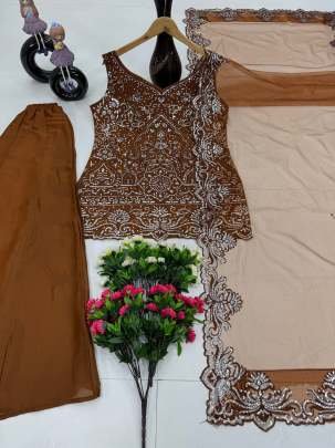 Brown Party Wear Three Piece Star Georgette Suits