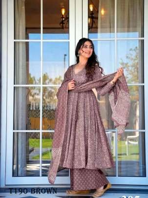 Brown Pure Muslin With Kurti Pant Dupatta Set For Womens