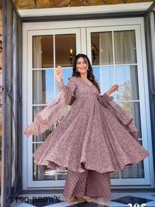 Brown Pure Muslin With Kurti Pant Dupatta Set For Womens