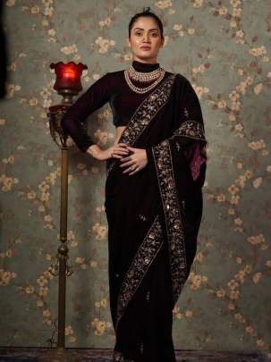 Brown Richest Look Sequence Work Pure Viscose Velvet Saree