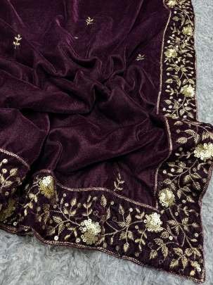 Brown Richest Look Sequence Work Pure Viscose Velvet Saree