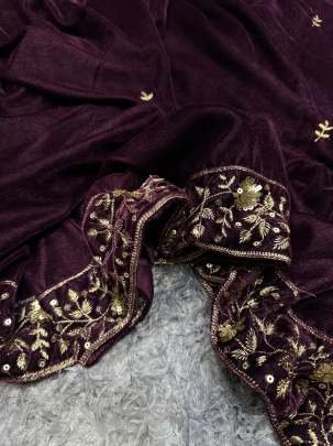 Brown Richest Look Sequence Work Pure Viscose Velvet Saree