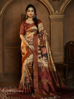 Brown Soft Ghicha Tussar Silk Saree with Beautiful Kalamkari Printed Work