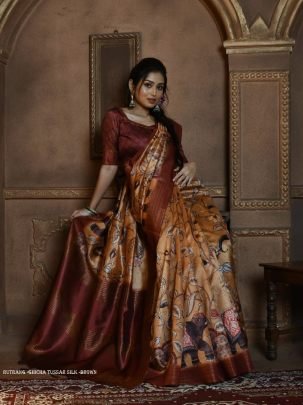 Brown Soft Ghicha Tussar Silk Saree with Beautiful Kalamkari Printed Work
