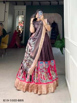 Burgundy Kalamkari Printed Dola Silk Lehenga Choli
