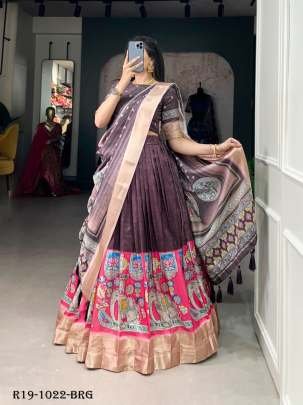 Burgundy Kalamkari Printed Dola Silk Lehenga Choli