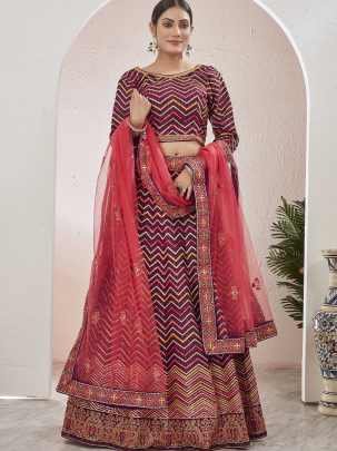 Burgundy Wine Semi Stitched Jute Silk Lehenga choli