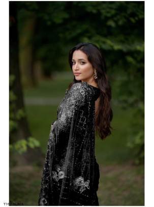 Buy Black Soft Net With Embroidery Work Saree