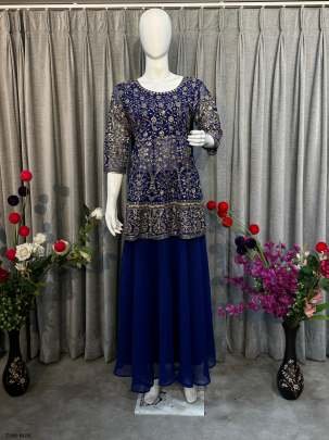 Buy Fancy Blue Pure Georgette Sharara Suit For Women
