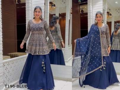 Buy Fancy Blue Pure Georgette Sharara Suit For Women