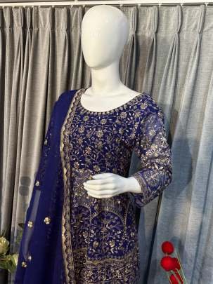 Buy Fancy Blue Pure Georgette Sharara Suit For Women