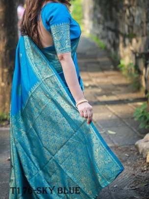 Buy Indian Sky Blue Soft Lichi Slik Banarasi Saree