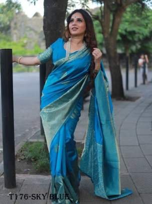 Buy Indian Sky Blue Soft Lichi Slik Banarasi Saree