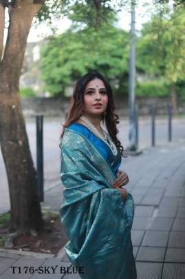 Buy Indian Sky Blue Soft Lichi Slik Banarasi Saree