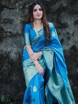 Buy Indian Sky Blue Soft Lichi Slik Banarasi Saree