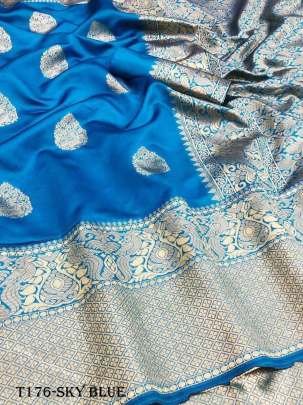 Buy Indian Sky Blue Soft Lichi Slik Banarasi Saree