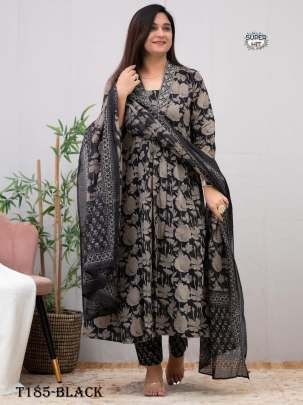 Buy Indian Wear Black Pure Cotton Kurti Pant Dupatta Set