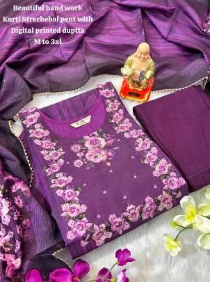 Buy Muslin Silk Hand Work Wine Kurti Pant Dupatta Set