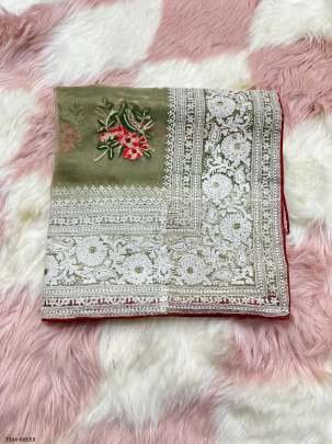 Buy Online Site Green Organza Silk Saree With Chikankari Work