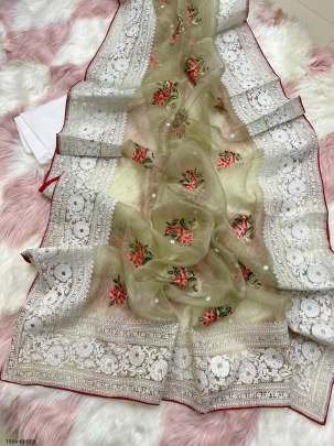 Buy Online Site Green Organza Silk Saree With Chikankari Work