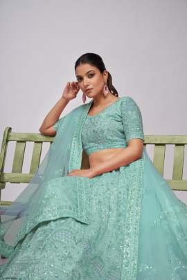 Buy Sequins Work Sky Blue Soft Net Lehenga  Choli