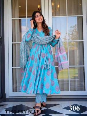 Buy Sky Blue Pure Muslin With Kurti Pant Dupatta Set