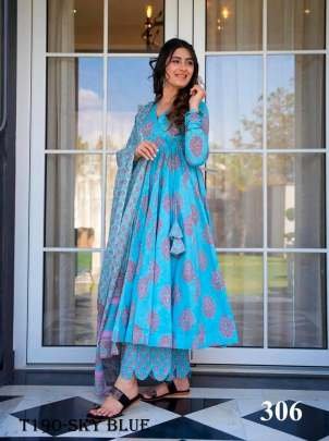 Buy Sky Blue Pure Muslin With Kurti Pant Dupatta Set