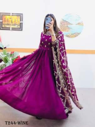 Buy Wine Georgette Embroidery Work Gowns