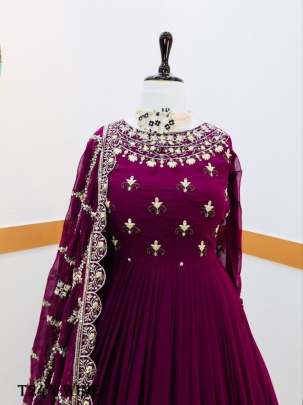 Buy Wine Georgette Embroidery Work Gowns