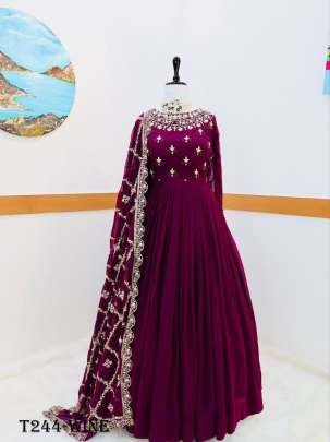 Buy Wine Georgette Embroidery Work Gowns