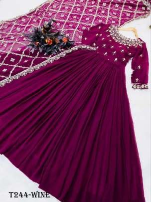 Buy Wine Georgette Embroidery Work Gowns