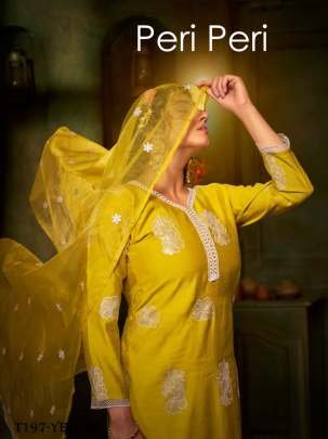 Buy Yellow Russian Silk Kurti Pant Dupatta Set For Women