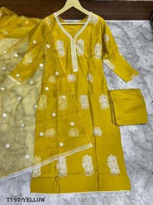 Buy Yellow Russian Silk Kurti Pant Dupatta Set For Women