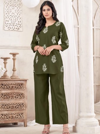 Casual  Wear Green Chinon Co ord Set