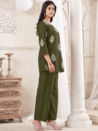 Casual  Wear Green Chinon Co ord Set