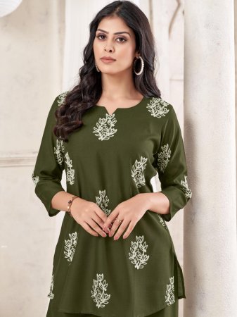 Casual  Wear Green Chinon Co ord Set