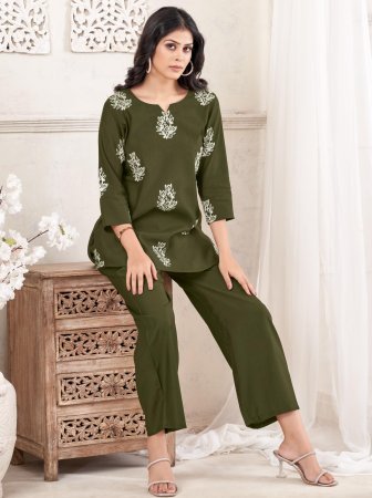 Casual  Wear Green Chinon Co ord Set