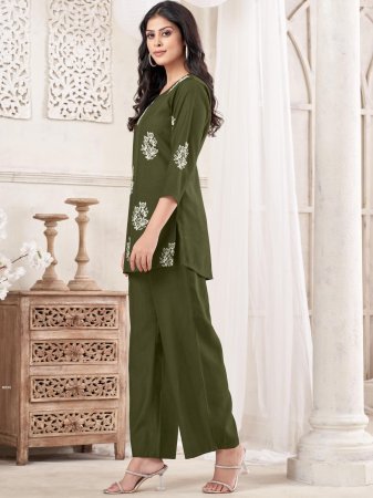 Casual  Wear Green Chinon Co ord Set