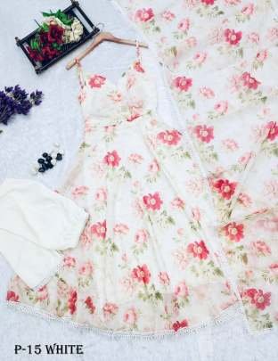 Ceramic Floral White Flower Printed Kurti With Dupatta