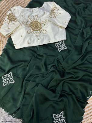 Green Handcrafted Malai Silk Saree With Handwork Stitched Blouse