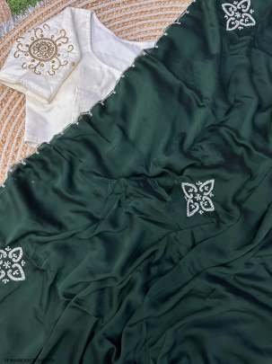 Green Handcrafted Malai Silk Saree With Handwork Stitched Blouse